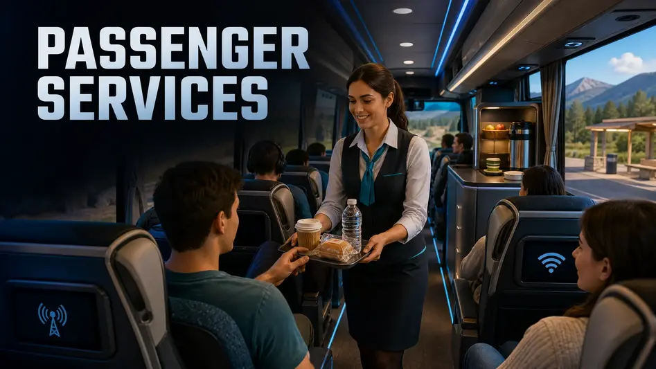 Coach bus arriving with satisfied passengers.
