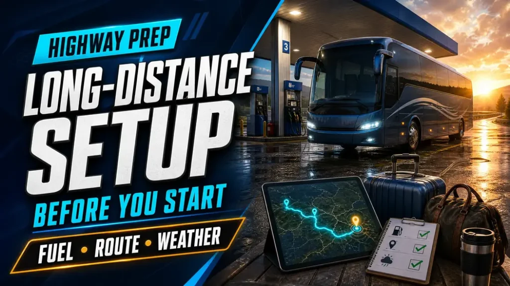 Bus Simulator Ultimate coach bus preparing for a long-distance highway route at a fuel station.