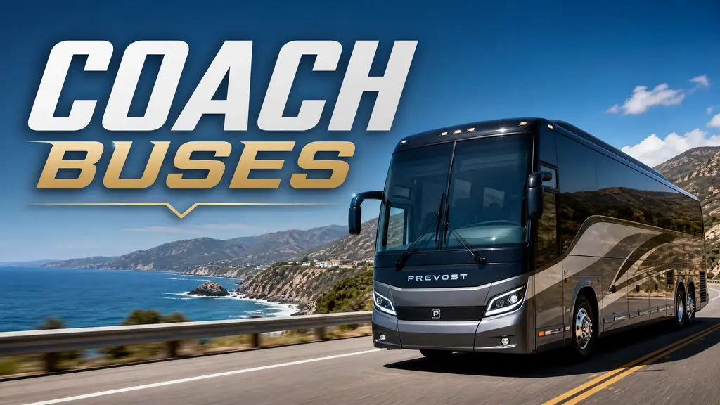 Luxury long-distance coach on a coastal road.