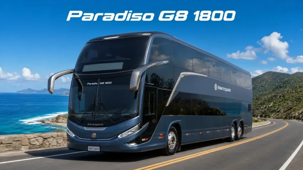 Double-decker Marcopolo bus jo coastal road par drive kar rahi hai.