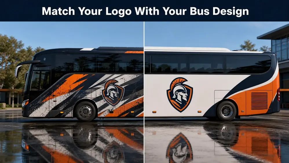 Comparison of a bus logo blending into a busy livery and standing out clearly on a clean side panel.