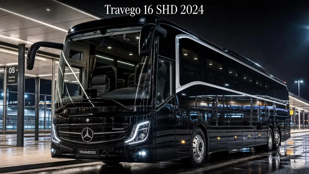 Sleek black Travego 2024 model jo modern bus station par khari hai.
