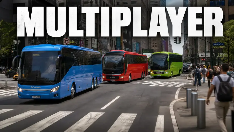 Cooperative multiplayer bus convoy in city.