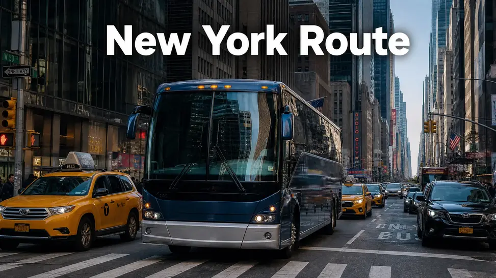 New York ki busy sadkon par chalti bus ki yeh image urban driving ke challenges ko dikhati hai.