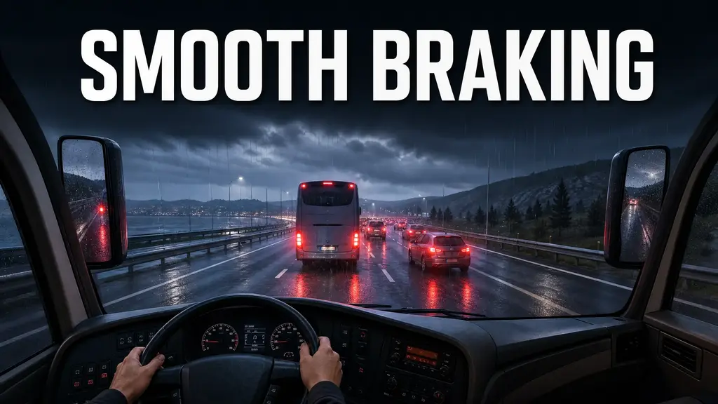 Bus Simulator Ultimate bus using smooth braking in rainy traffic with wet road reflections