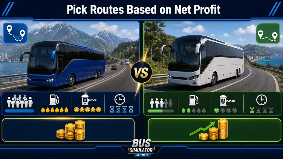 Bus Simulator Ultimate route comparison showing passenger demand, fuel, tolls, travel time, and net profit.