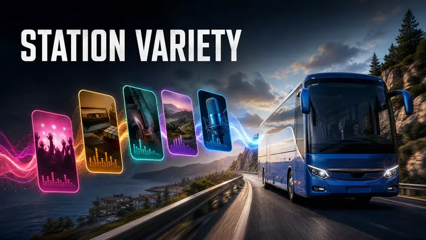Coach bus with colorful radio station options.