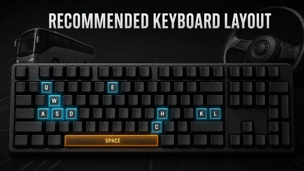 A highlighted keyboard showing the recommended WASD controls and useful bus-function shortcuts.