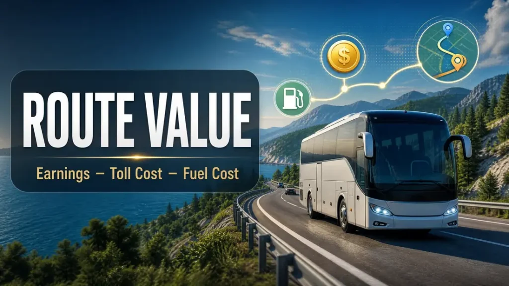 Bus Simulator Ultimate route value showing earnings, toll cost, and fuel cost