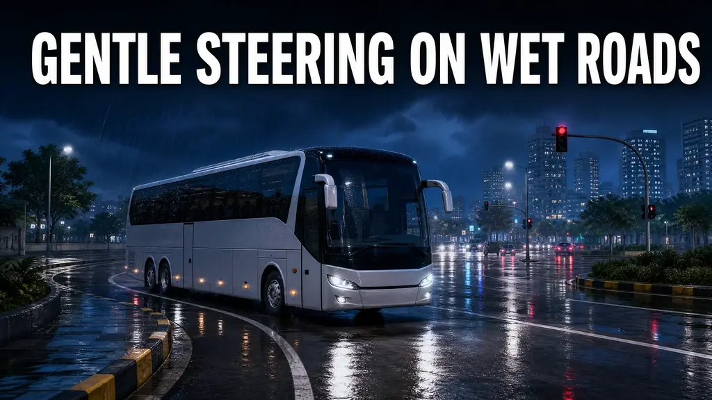 Bus Simulator Ultimate coach bus taking a gentle turn on a wet road in the rain