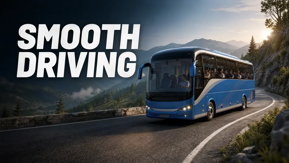 Bus driving smoothly on a mountain road.
