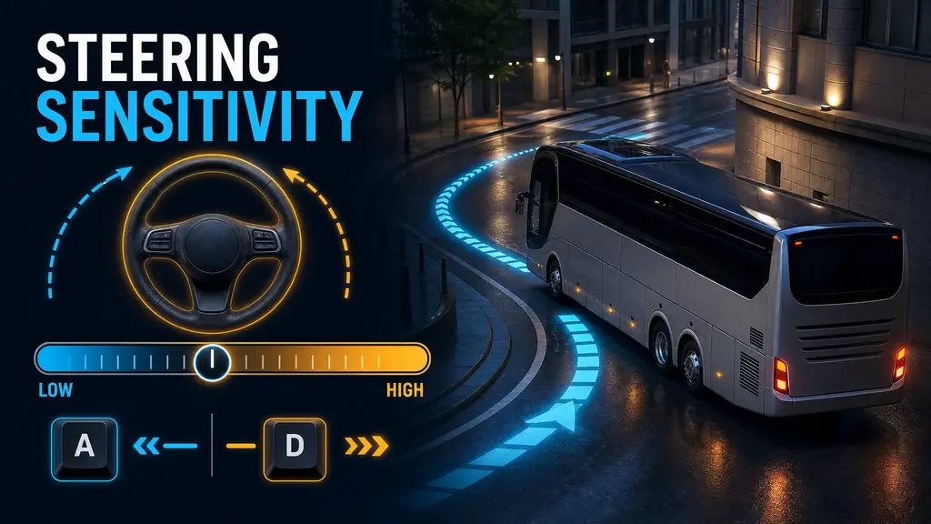 A bus turning through a city corner with a steering sensitivity slider and A/D key prompts.