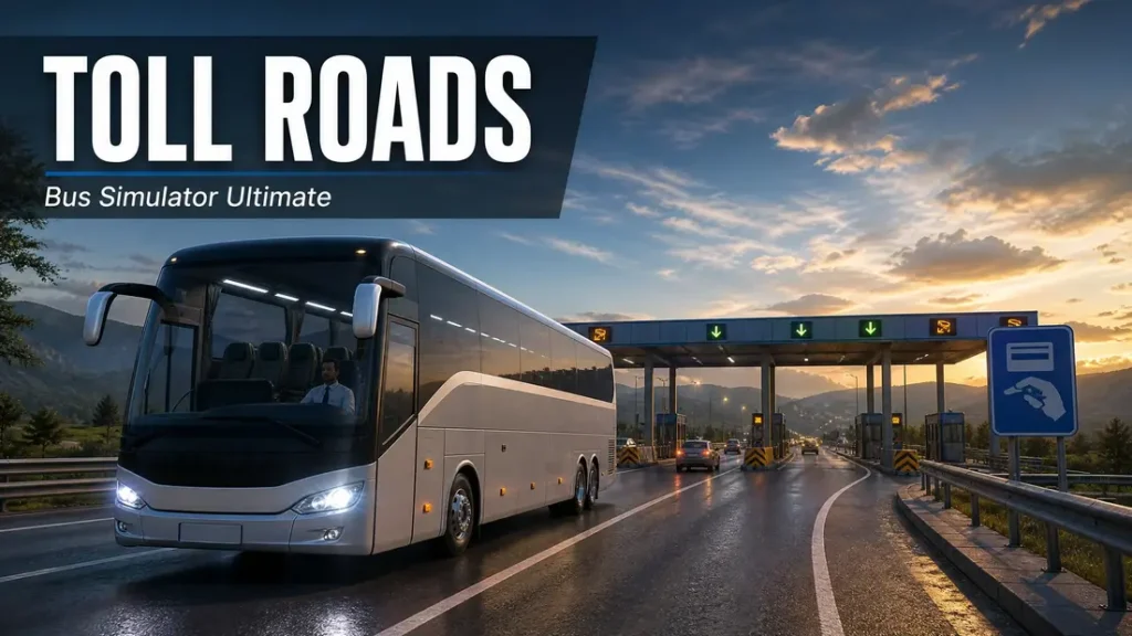 Coach bus approaching a highway toll plaza in Bus Simulator Ultimate