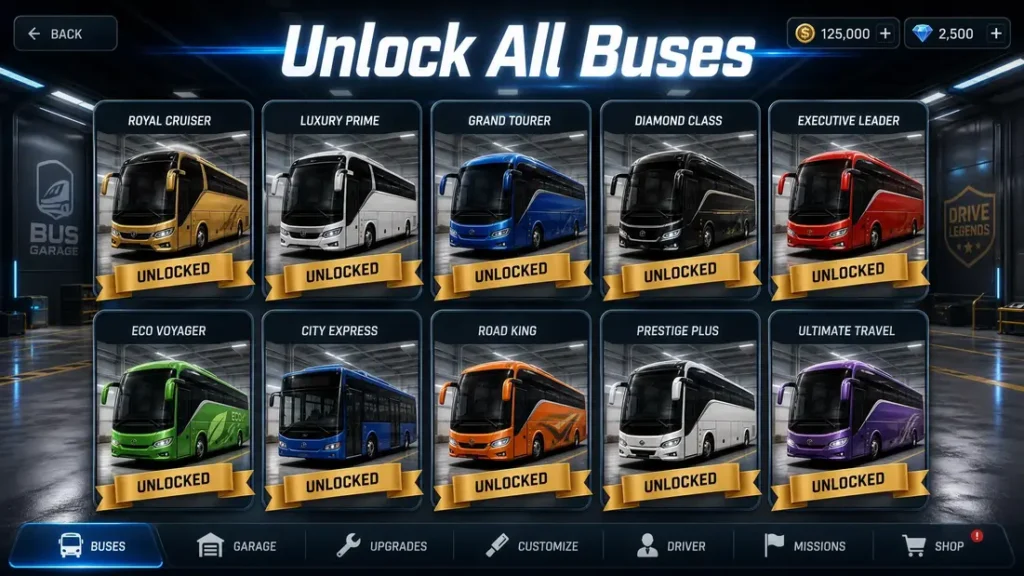 Game gallery ka view jahan tamam premium buses unlocked nazar aa rahi hain.